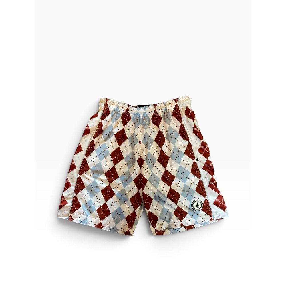 Flow Society Lacrosse Shorts Men's Maroon & Gray Argyle Design 9 Inch Large